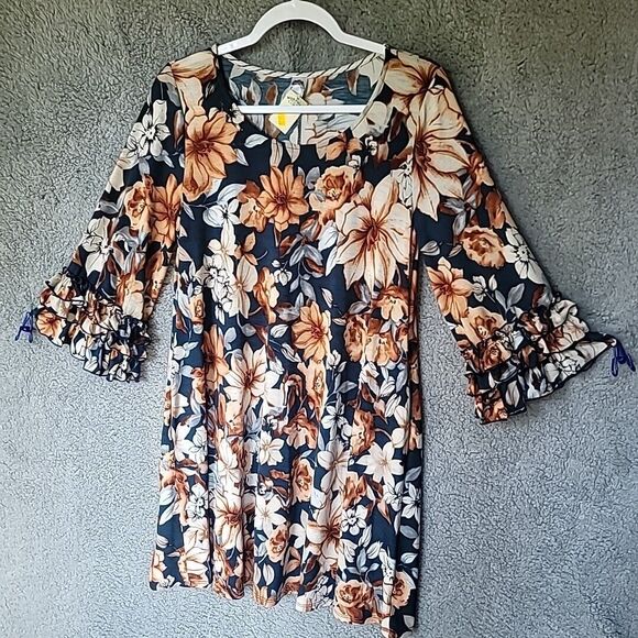 Honeyme Oversized Womens Dress Midi Pockets Floral Size Small Ruffle Sleeves NWT - Picture 1 of 11